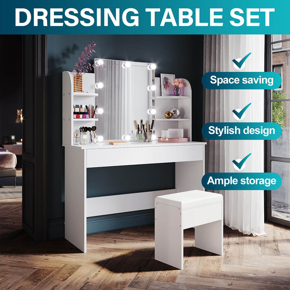 White Dressing Table Lighting Vanity Mirror Dresser Bedroom Furniture Makeup - Elegantshowers