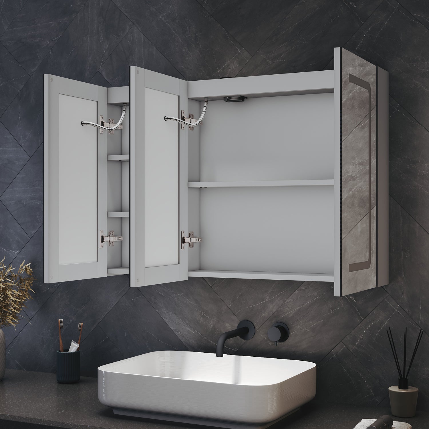 Three-door LED anti-fog bathroom cabinet, Moroccan Gray, 900x600x125mm