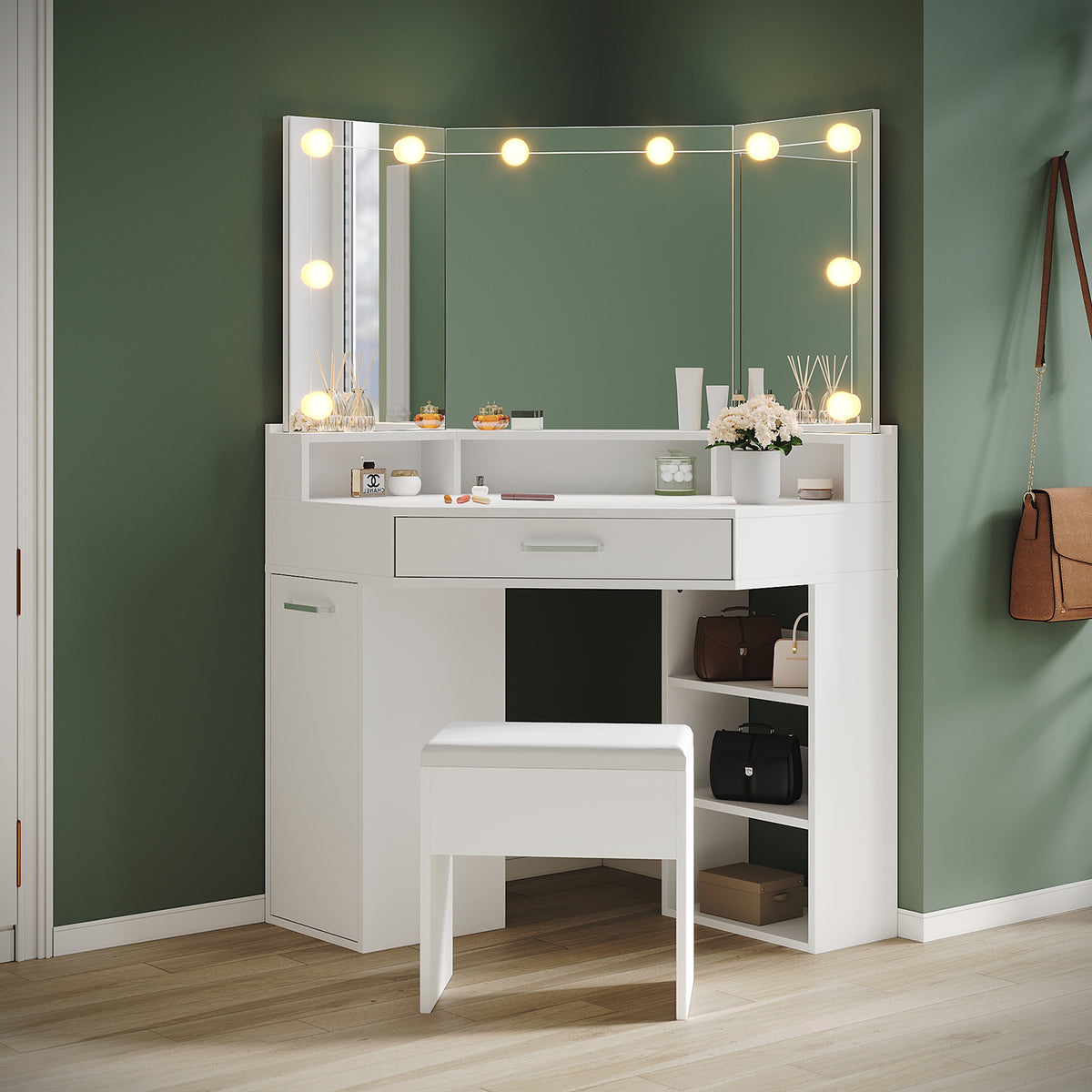 Corner dressing table with movable triple mirror, 3 open compartments, and 2 drawers, white