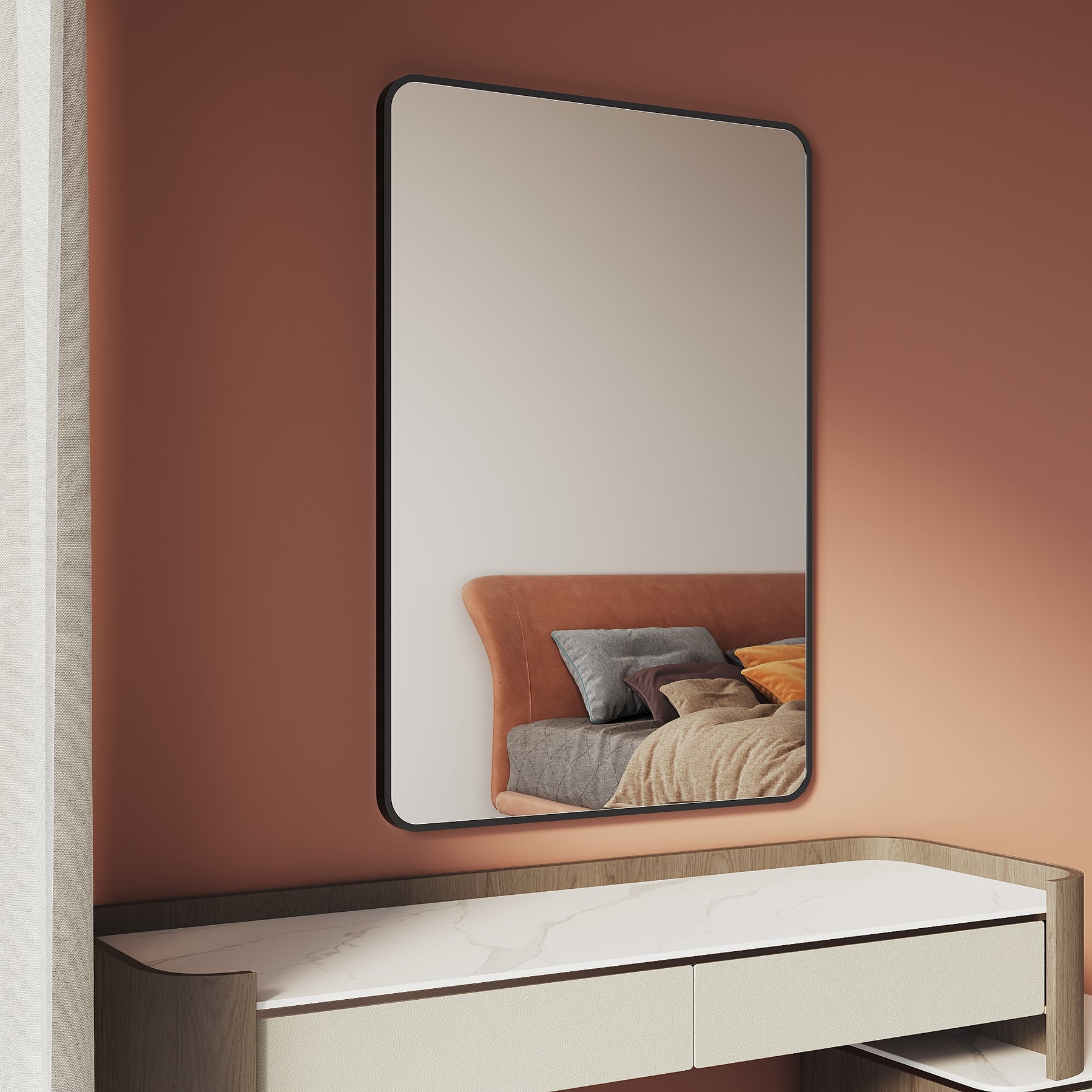 Makeup Mirror 1000x700x35mm, black frame, square wall mirror without light