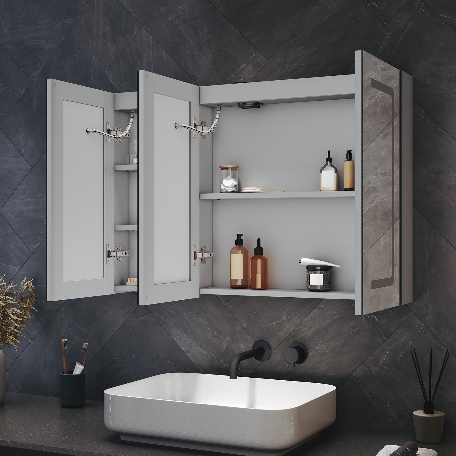 Three-door LED anti-fog bathroom cabinet, Moroccan Gray, 900x600x125mm