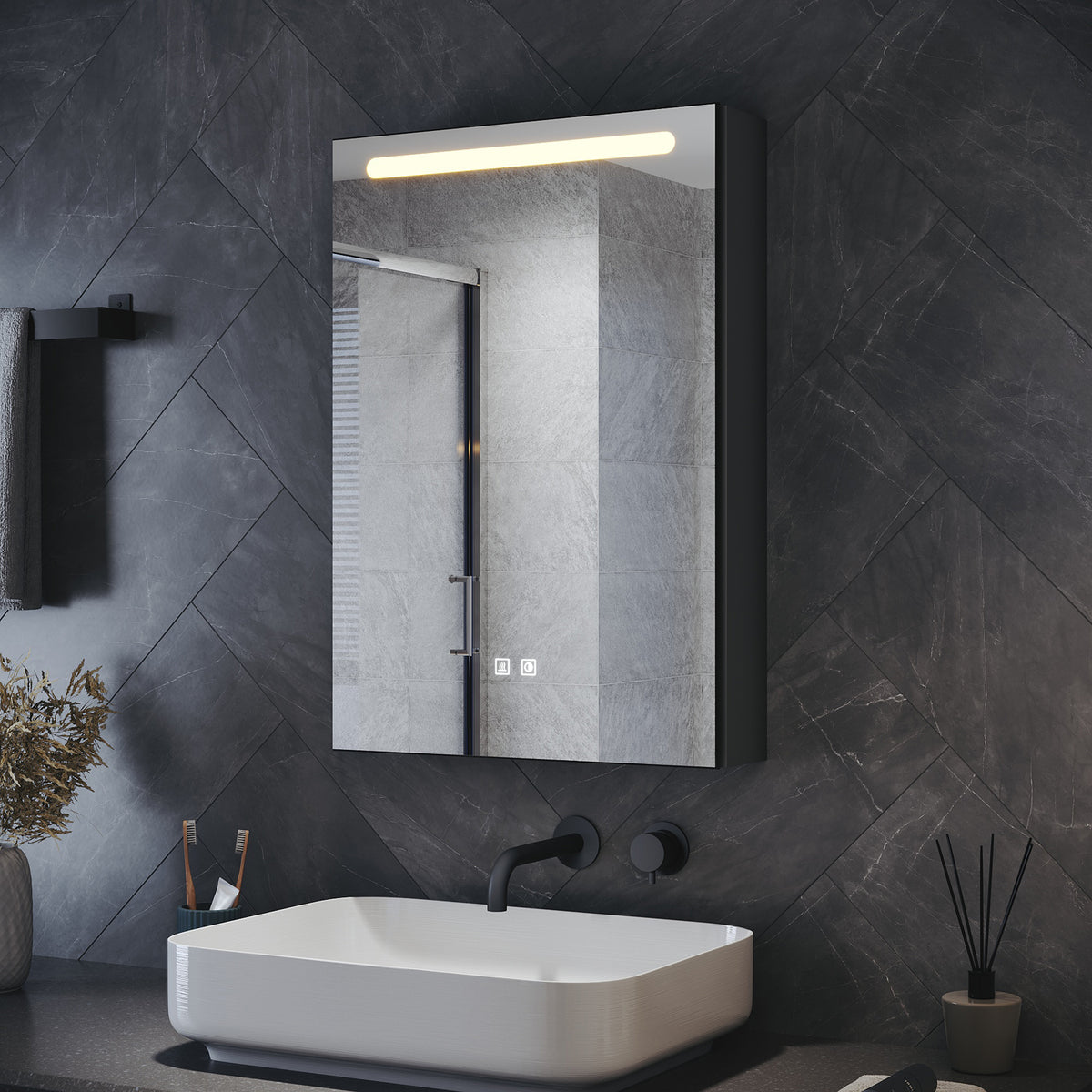 LED Bathroom Cabinet with Makeup Storage Shelf, color Hemp Black , 485x700x130mm