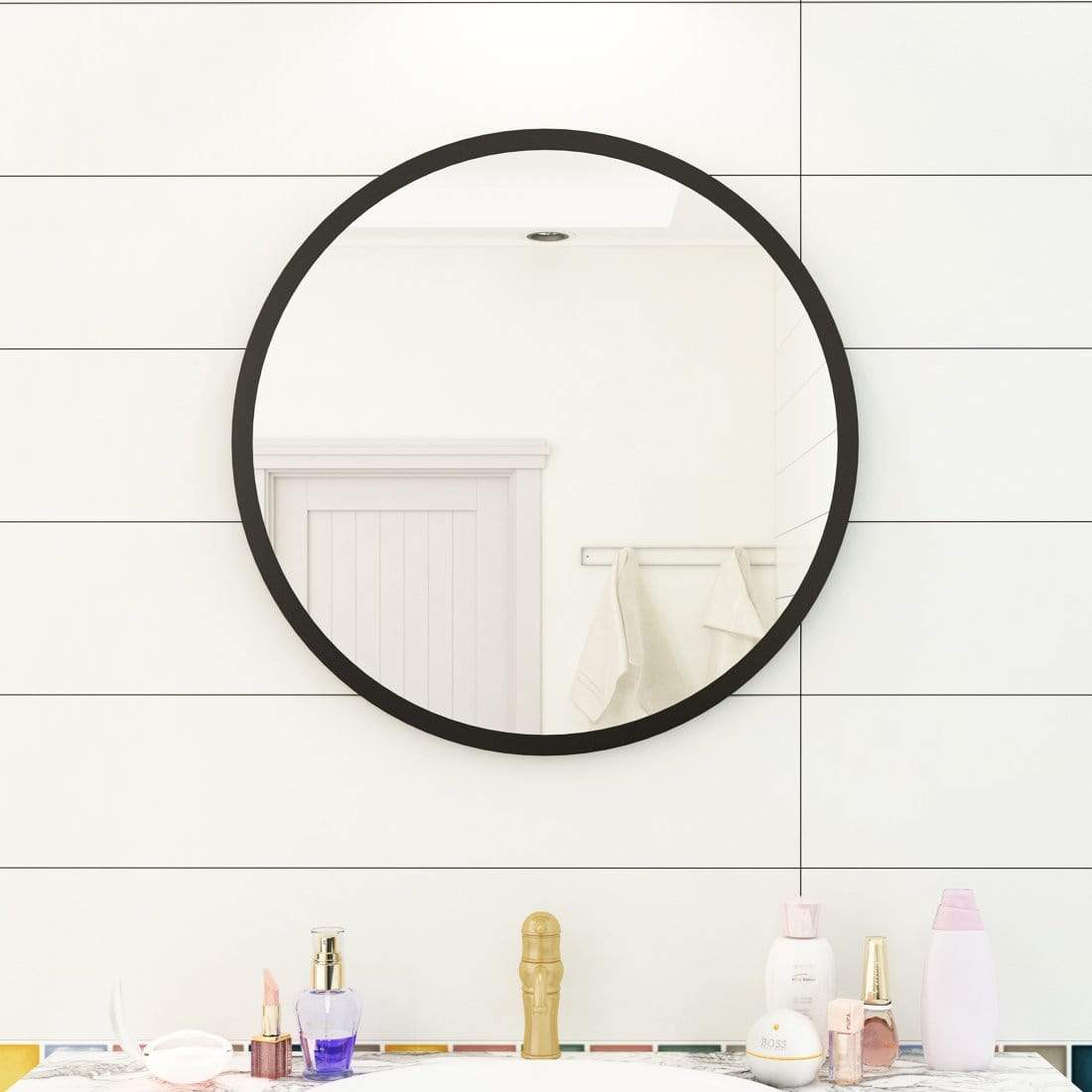 60/70cm Round Wall Mirror Metal Framed Bathroom Decor Leather Belt Optional - Elegantshowers
