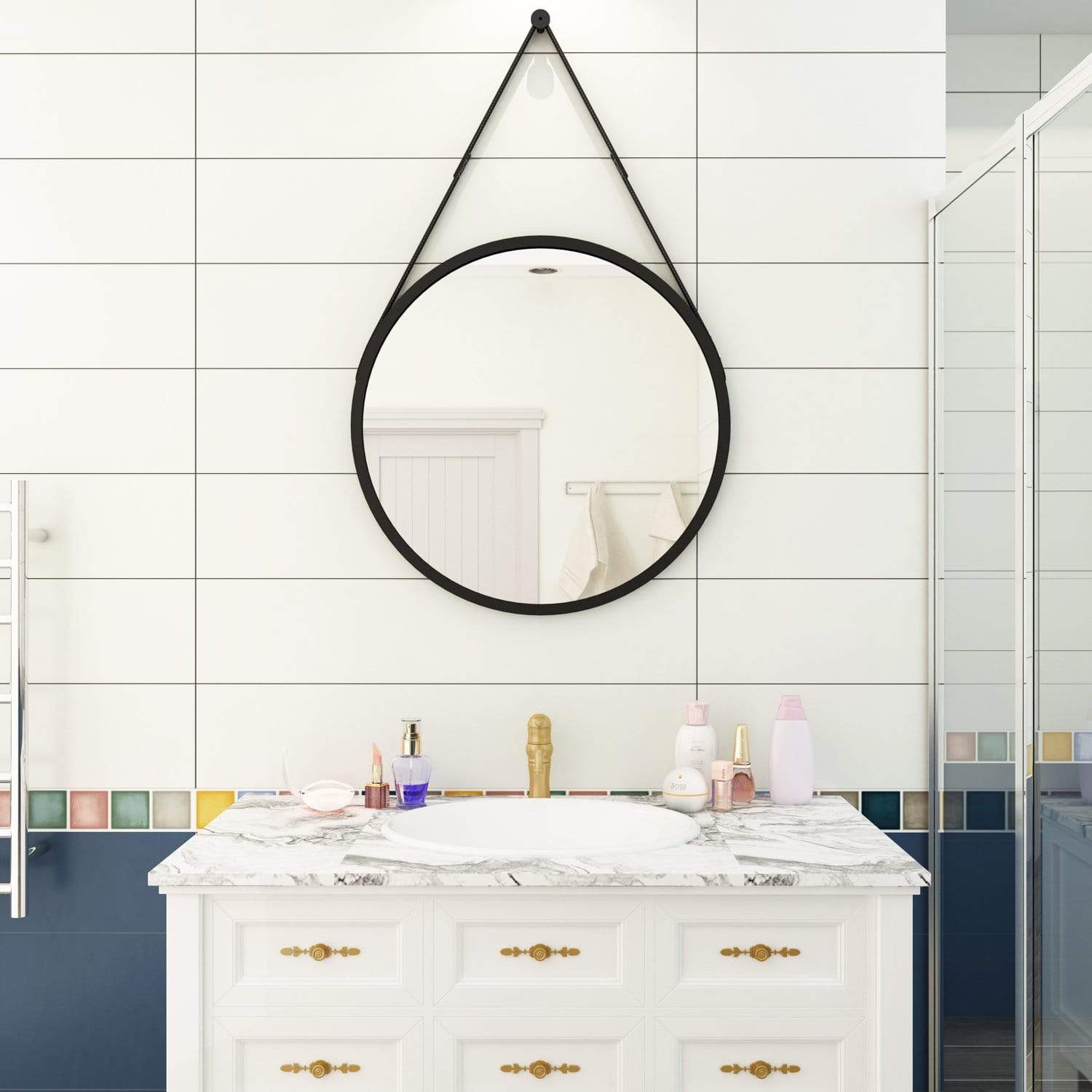 60/70cm Round Wall Mirror Metal Framed Bathroom Decor Leather Belt Optional - Elegantshowers