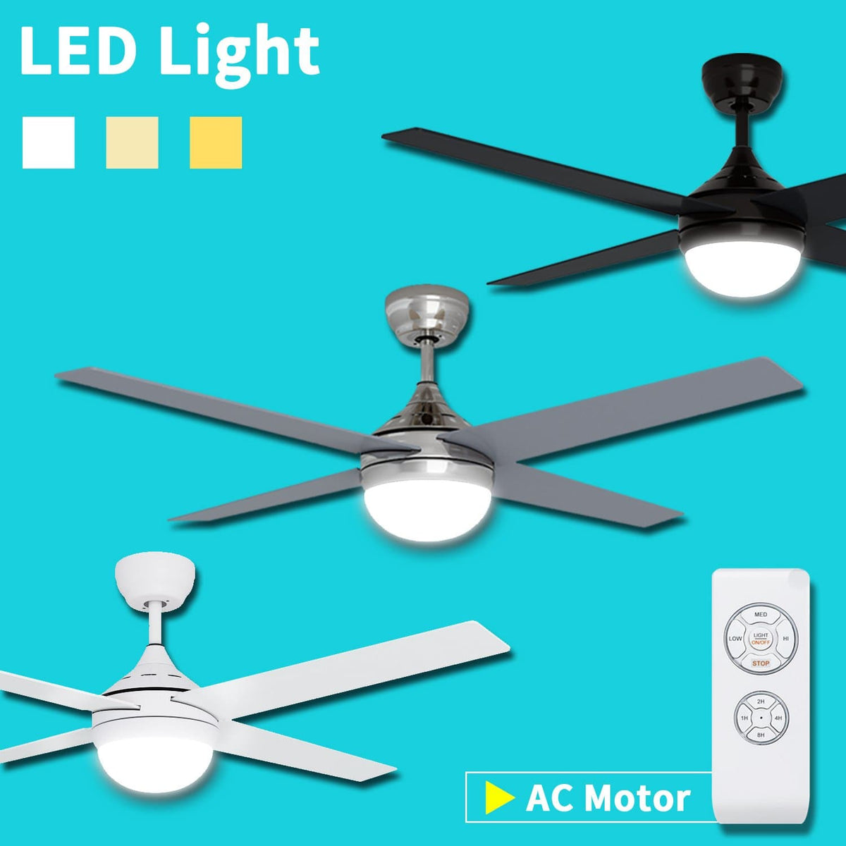 1200mm 48" Ceiling Fan AC 4 Blades With LED Light And Remote Control - Elegantshowers