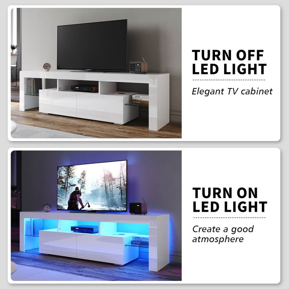 1600mm 16 Colors LED TV Entertainment Storage Unit White with 2 Horizontal Drawers - Elegantshowers