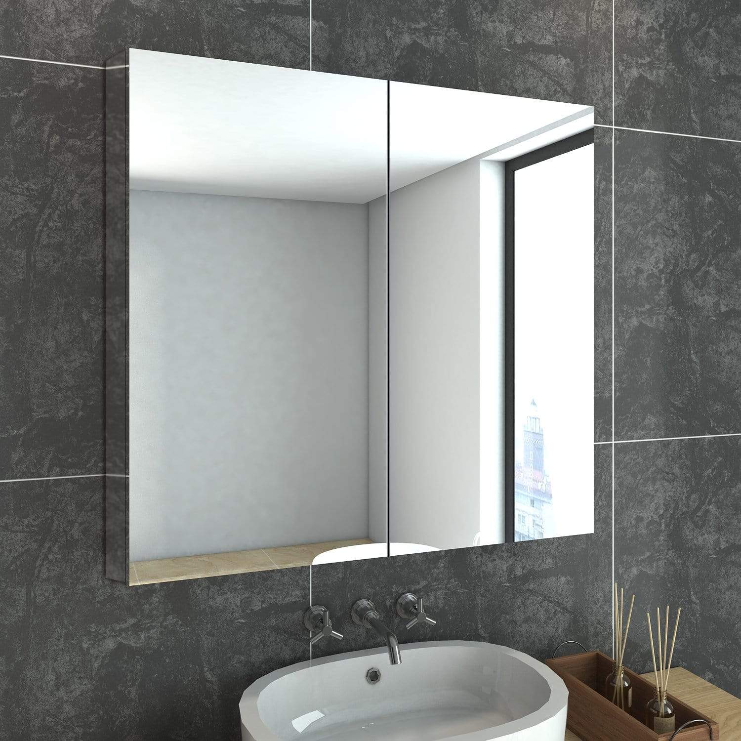 Bathroom Mirror Cabinet Storage Polished Stainless Steel Wall Mounted 750x150x710mm - Elegantshowers