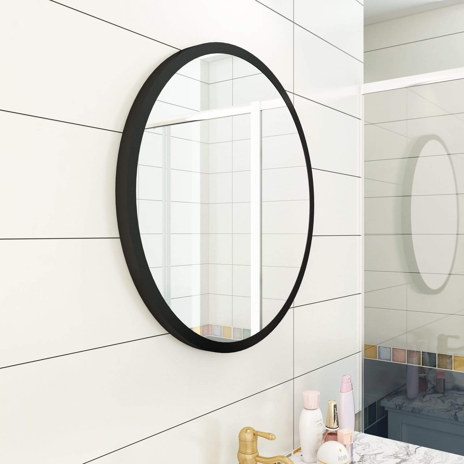 60/70cm Round Wall Mirror Metal Framed Bathroom Decor Leather Belt Optional - Elegantshowers