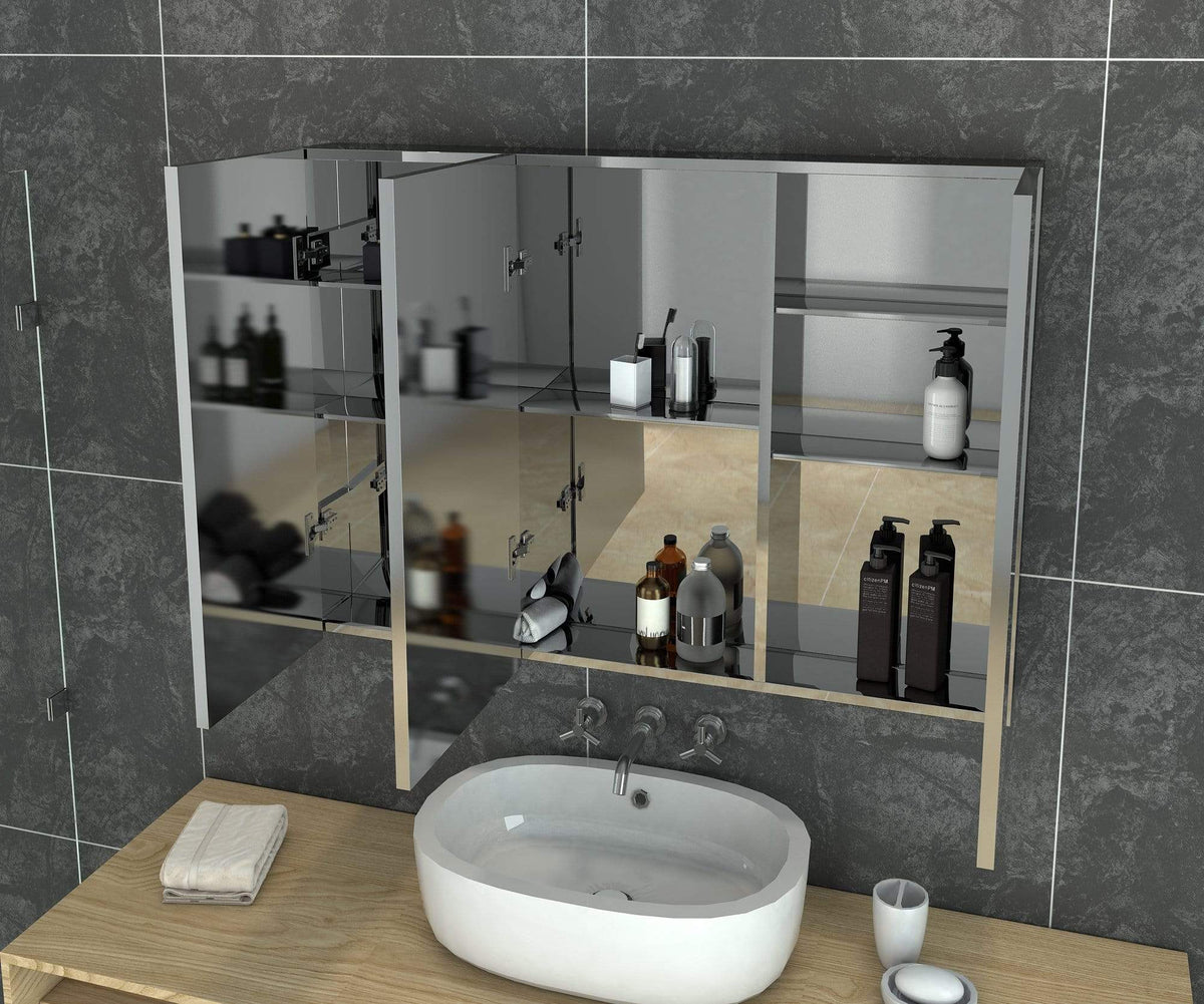 Bathroom Mirror Cabinet Storage Polished Stainless Steel Wall Mounted 900x150x710mm - Elegantshowers