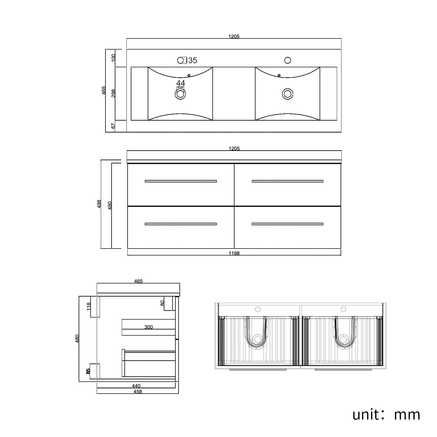 ELEGANT SHOWERS Bathroom Vanity Storage Cabinet Double Basin Sink 1205x465x498mm - Elegantshowers