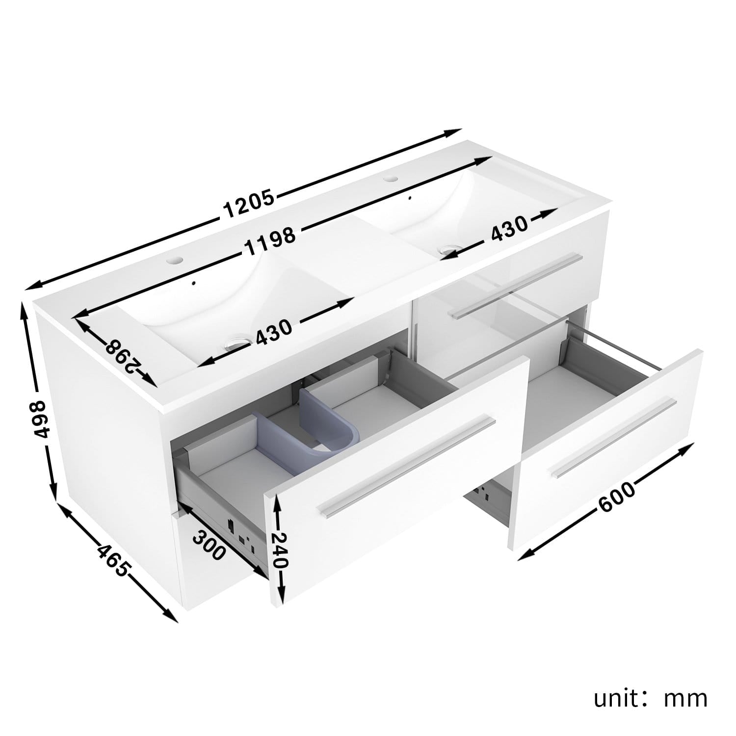 ELEGANT SHOWERS Bathroom Vanity Storage Cabinet Double Basin Sink 1205x465x498mm - Elegantshowers
