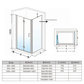 ELEGANT SHOWERS Frameless Bifold Pivot Shower Screen Shower Enclosure Size Description - Elegantshowers