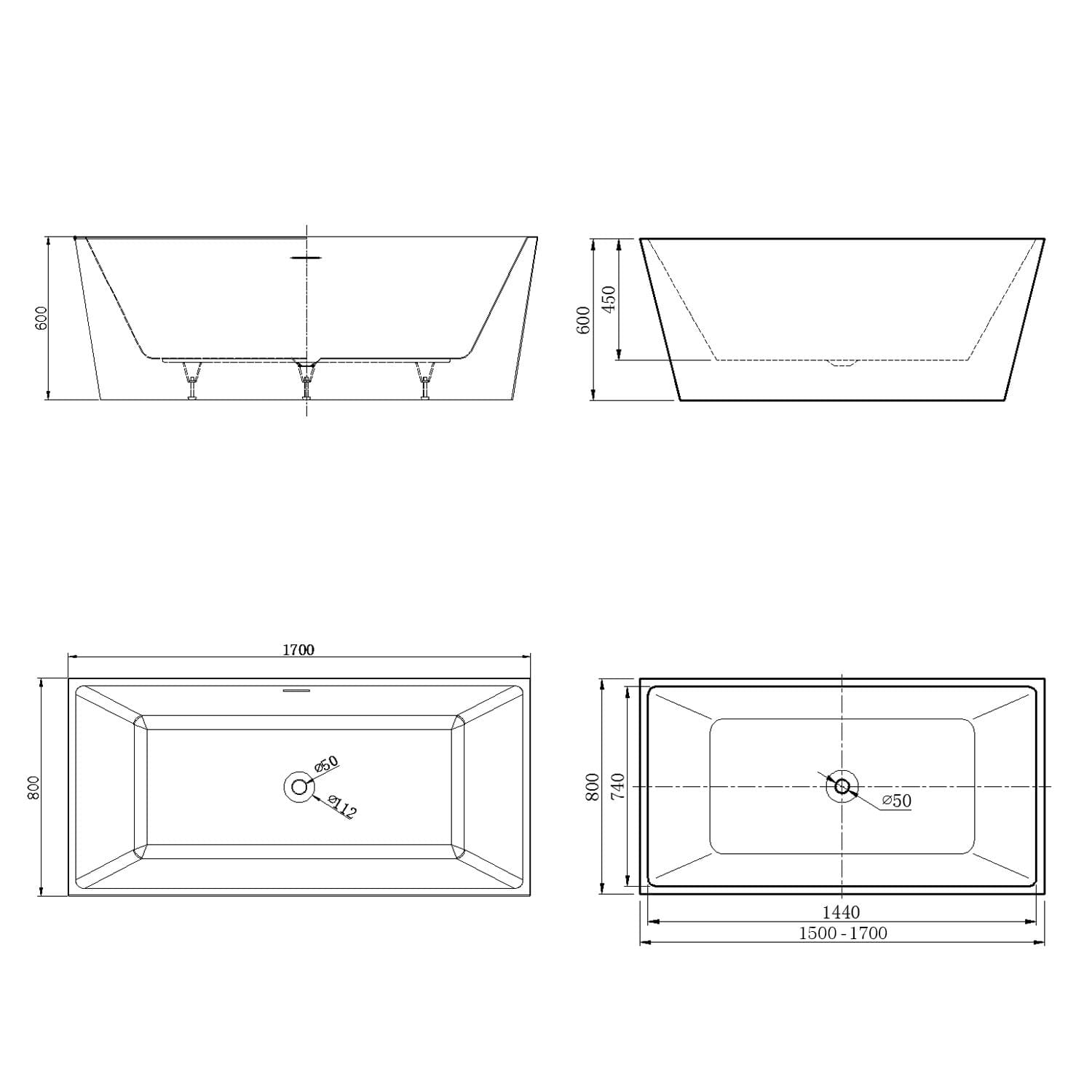 ELEGANT SHOWERS Bathroom Square Free Standing Bath Tub Acrylic-1500/1700x800x600mm - Elegantshowers
