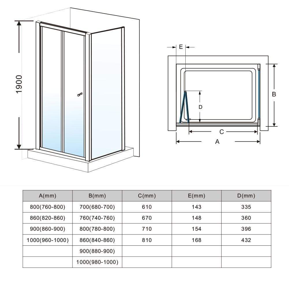 ELEGANT SHOWERS Folding Shower Screen Enclosure Size Description- Elegantshowers