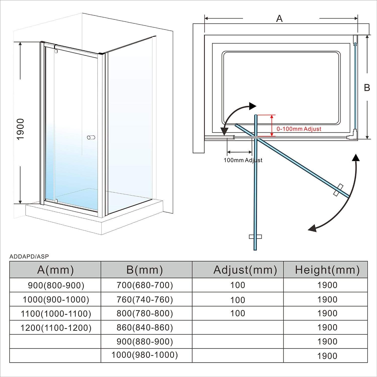 ELEGANT SHOWERS Semi-Frameless Pivot Shower Screen Cubical Size Description- Elegantshowers