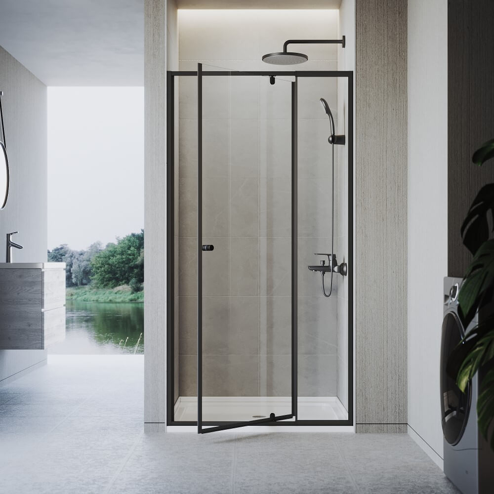 Black framed pivot 2 panels shower door, half open position