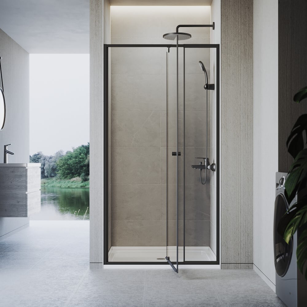 Black framed pivot 2 panels shower door, open position