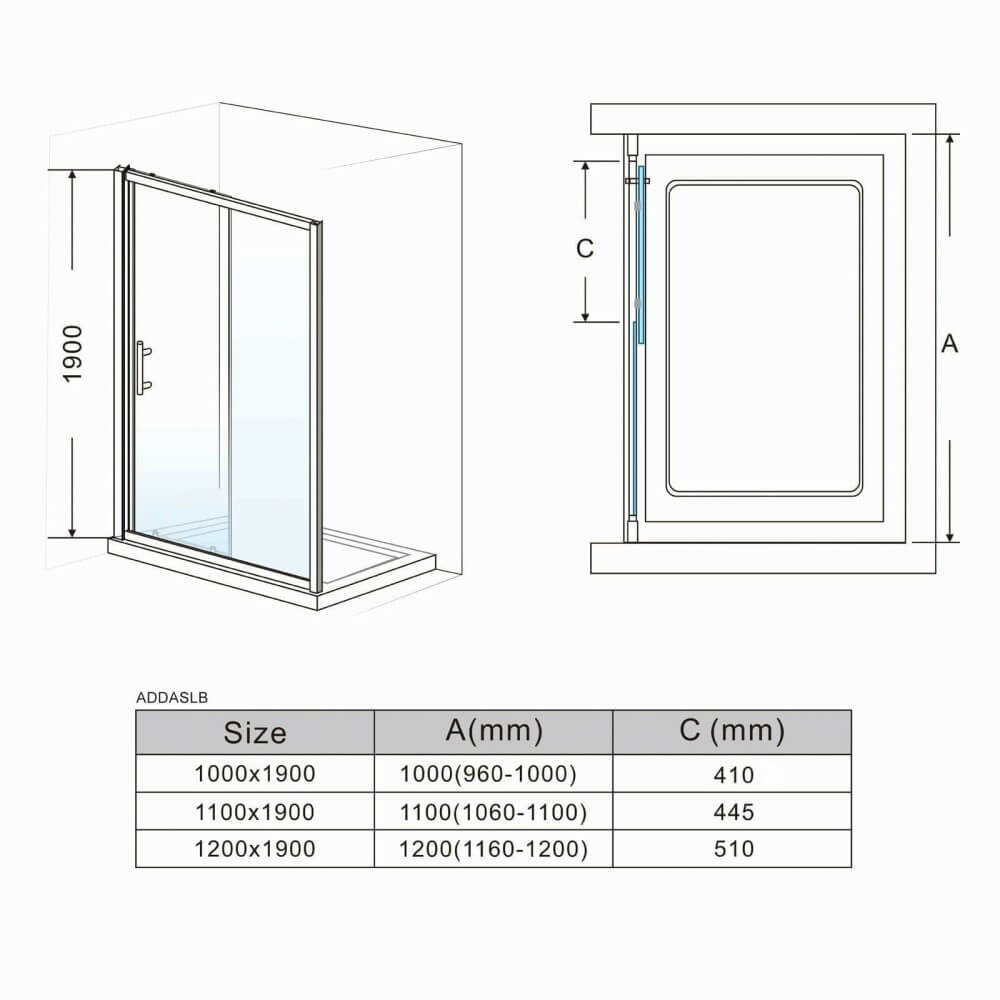 Dimensions of black framed sliding shower door with black glass