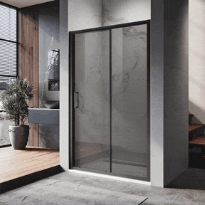 Dynamic display of black framed sliding shower door with black glass from front view