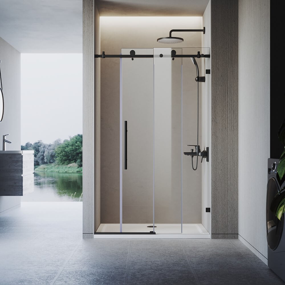 Black frameless sliding shower door with 10mm glass, half-open position