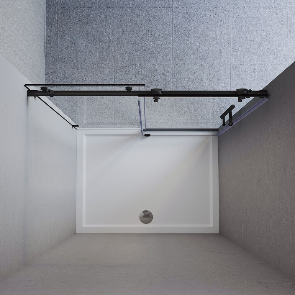 Top view of black frameless sliding shower door with 10mm glass