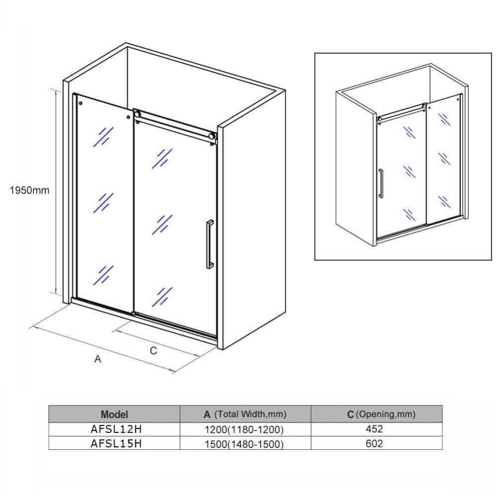 Dimensions of black frameless sliding shower door with 8mm glass