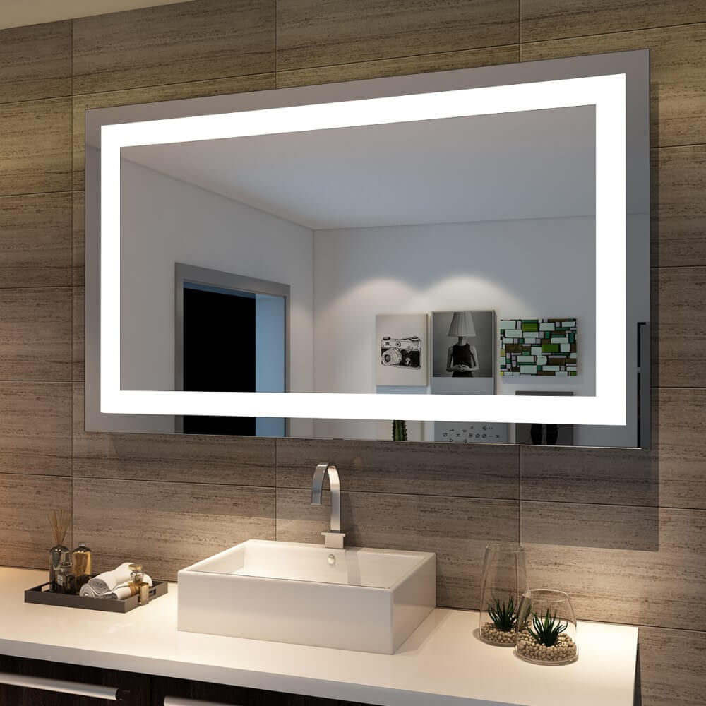 Anti-fog LED bathroom mirror with front light, rectangular shape, 1200x800mm, light on from Elegant Showers