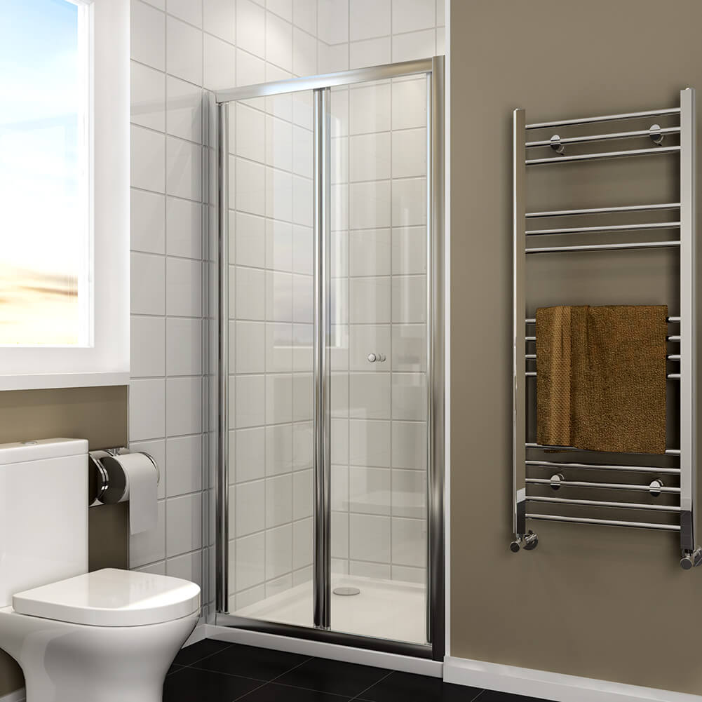 Elegant showers framed bifold shower door closed