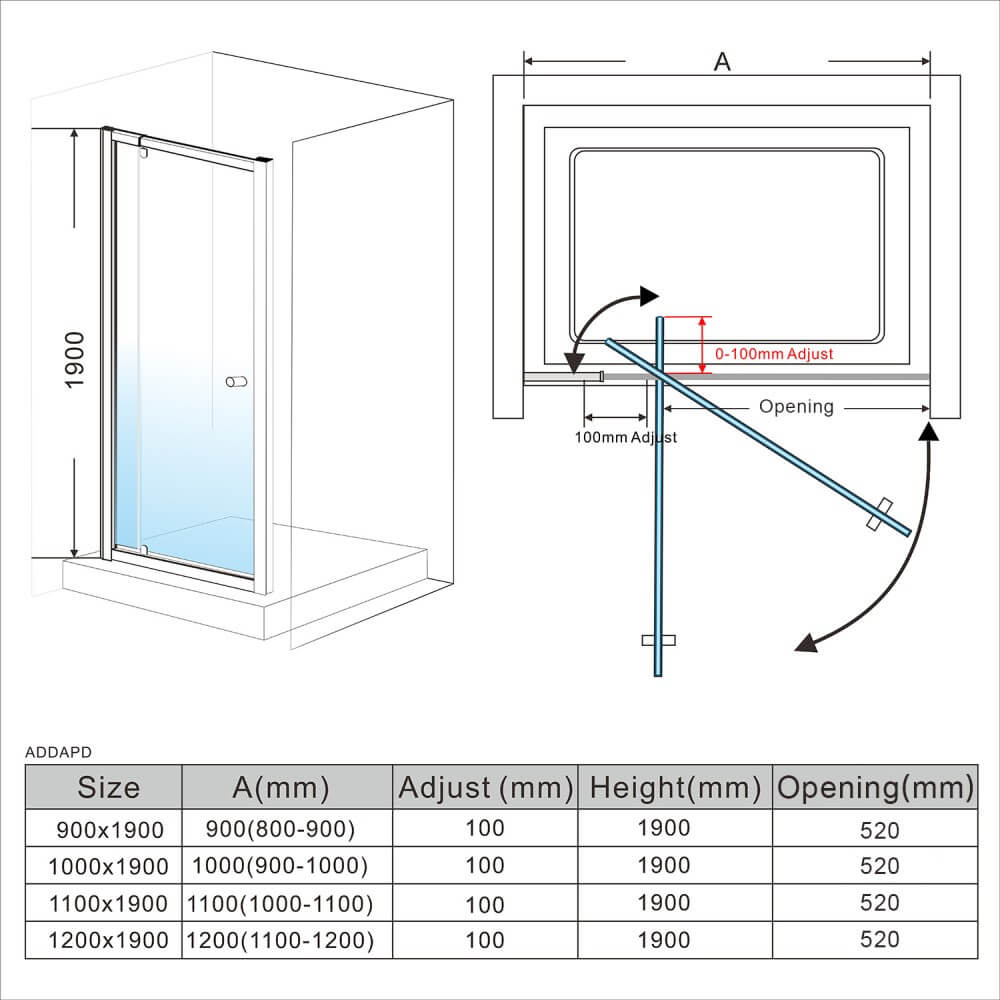 Framed pivot 2 panel shower door dimension drawing