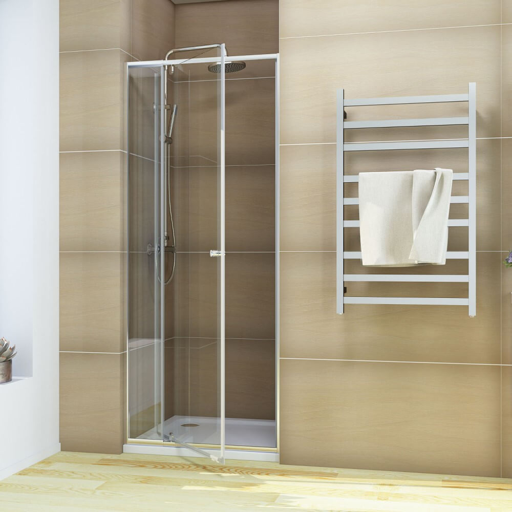 Framed pivot 2 panel shower door half closed