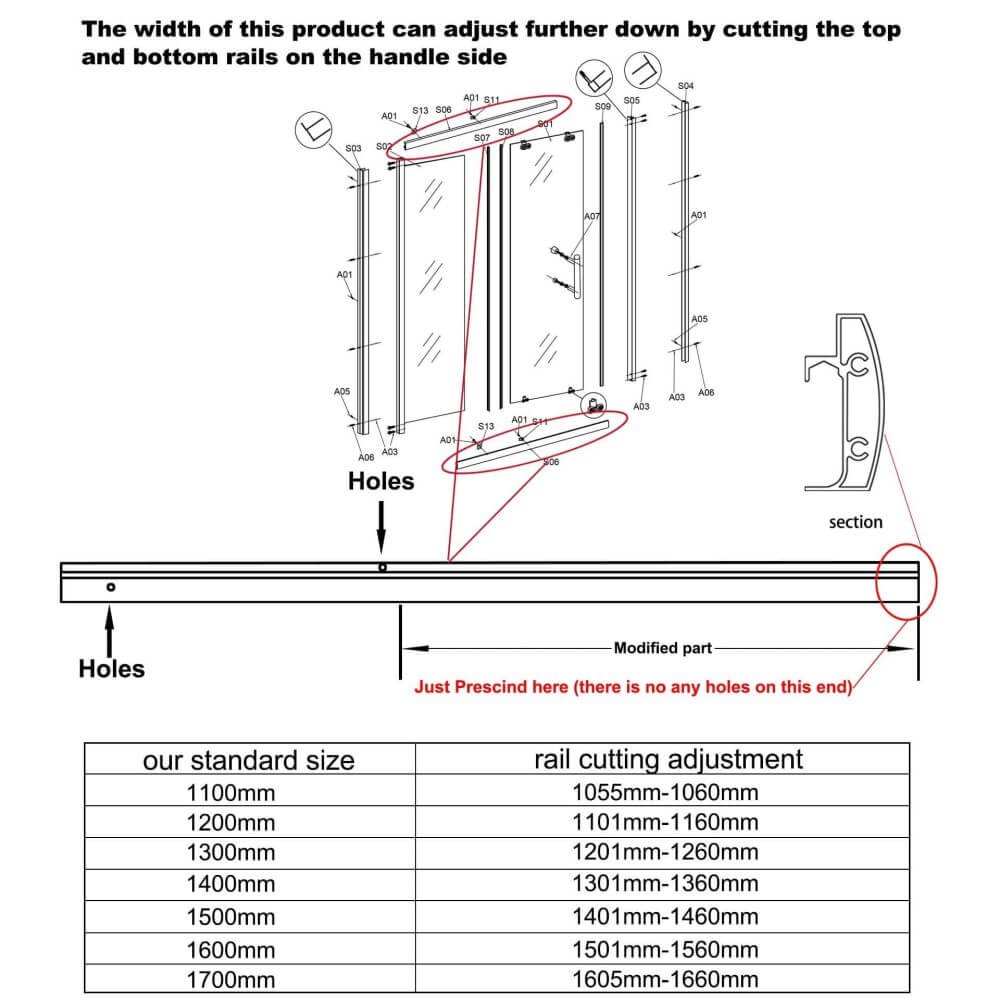 framed sliding shower door 6mm glass closed dimensional drawing 2