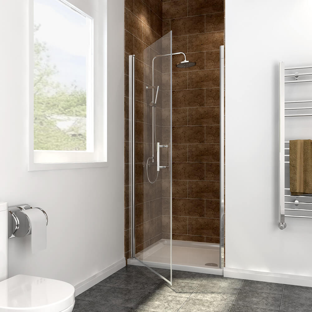 frameless pivot shower door half closed