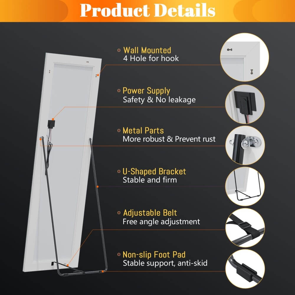 3 color led light full length dressing mirror with square corner detail4
