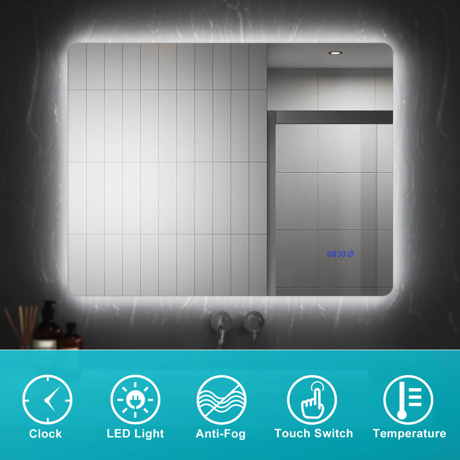 ELEGANT SHOWERS Anti-fog Clock LED Illuminated Bathroom Mirror