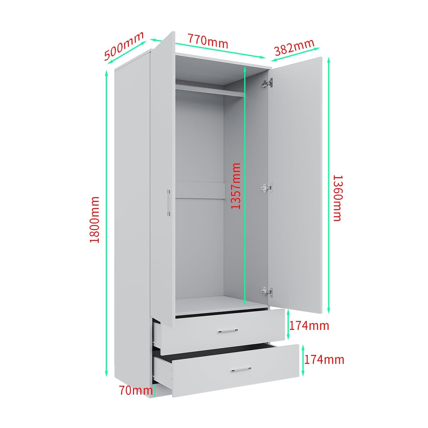 ELEGANT 2 Door 2 Drawers Wardrobe 180cm Multi-purpose Cabinet - Elegantshowers