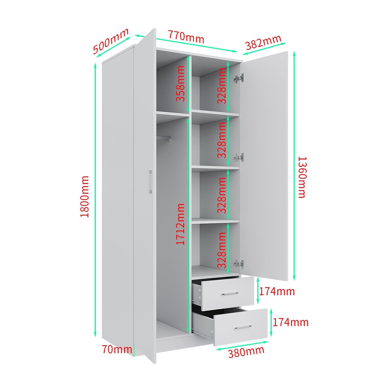 ELEGANT Wardrobe 2 Doors 2 Drawers 180cm White Wooden Storage Cabinets - Elegantshowers