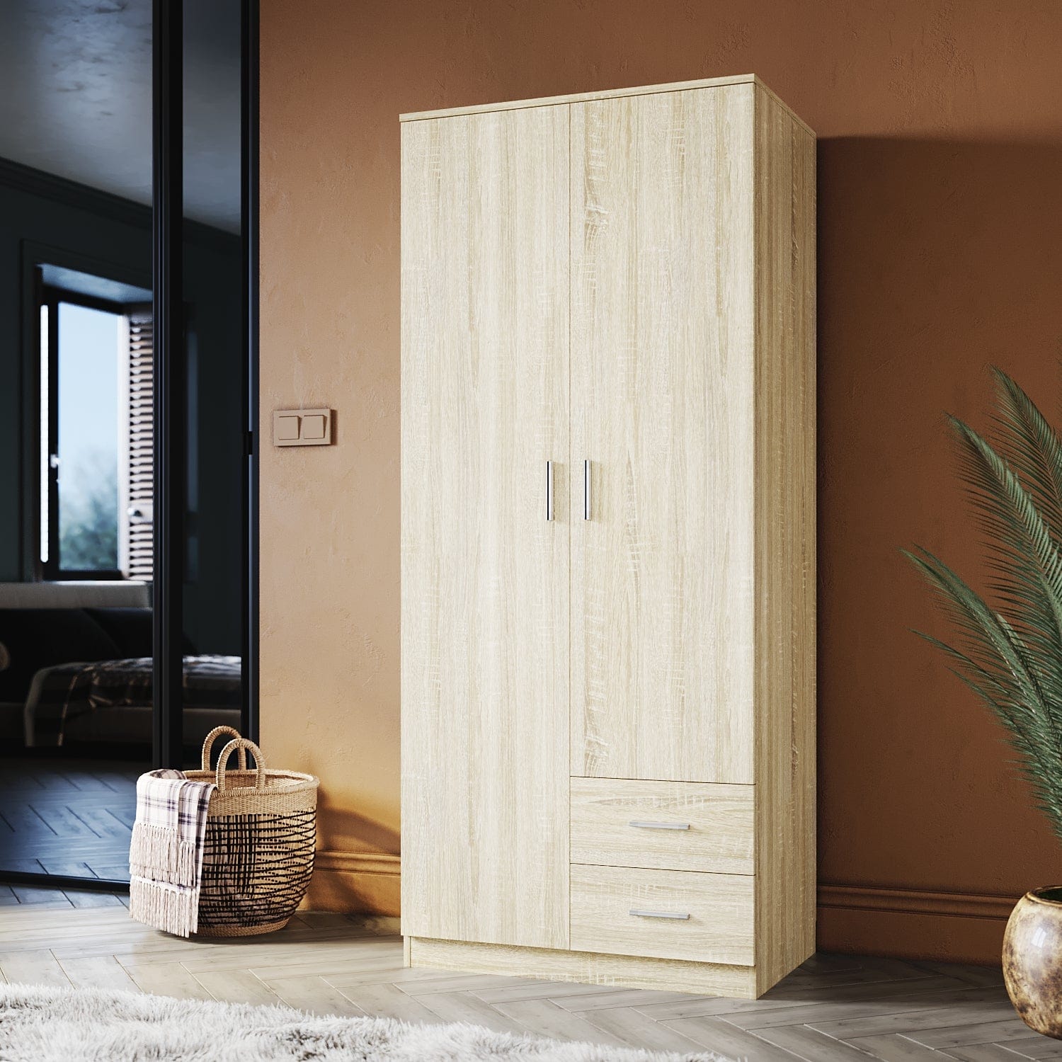 ELEGANT Wardrobe 2 Doors 2 Drawers 180cm White Wooden Storage Cabinets - Elegantshowers