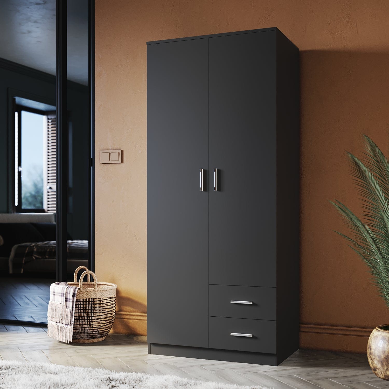 ELEGANT Wardrobe 2 Doors 2 Drawers 180cm White Wooden Storage Cabinets - Elegantshowers