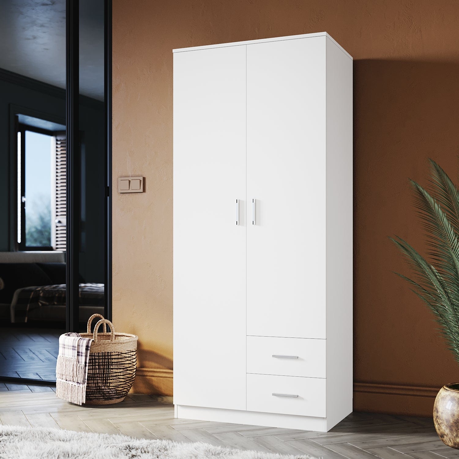 ELEGANT Wardrobe 2 Doors 2 Drawers 180cm White Wooden Storage Cabinets - Elegantshowers