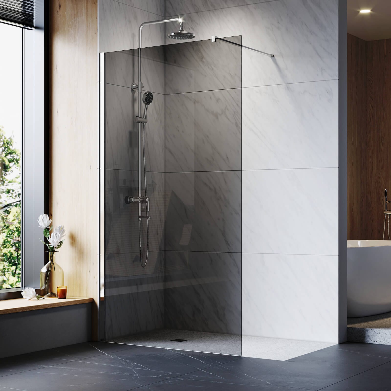 ELEGANT SHOWERS Dark Gray Glass Black Walk in Shower Screen