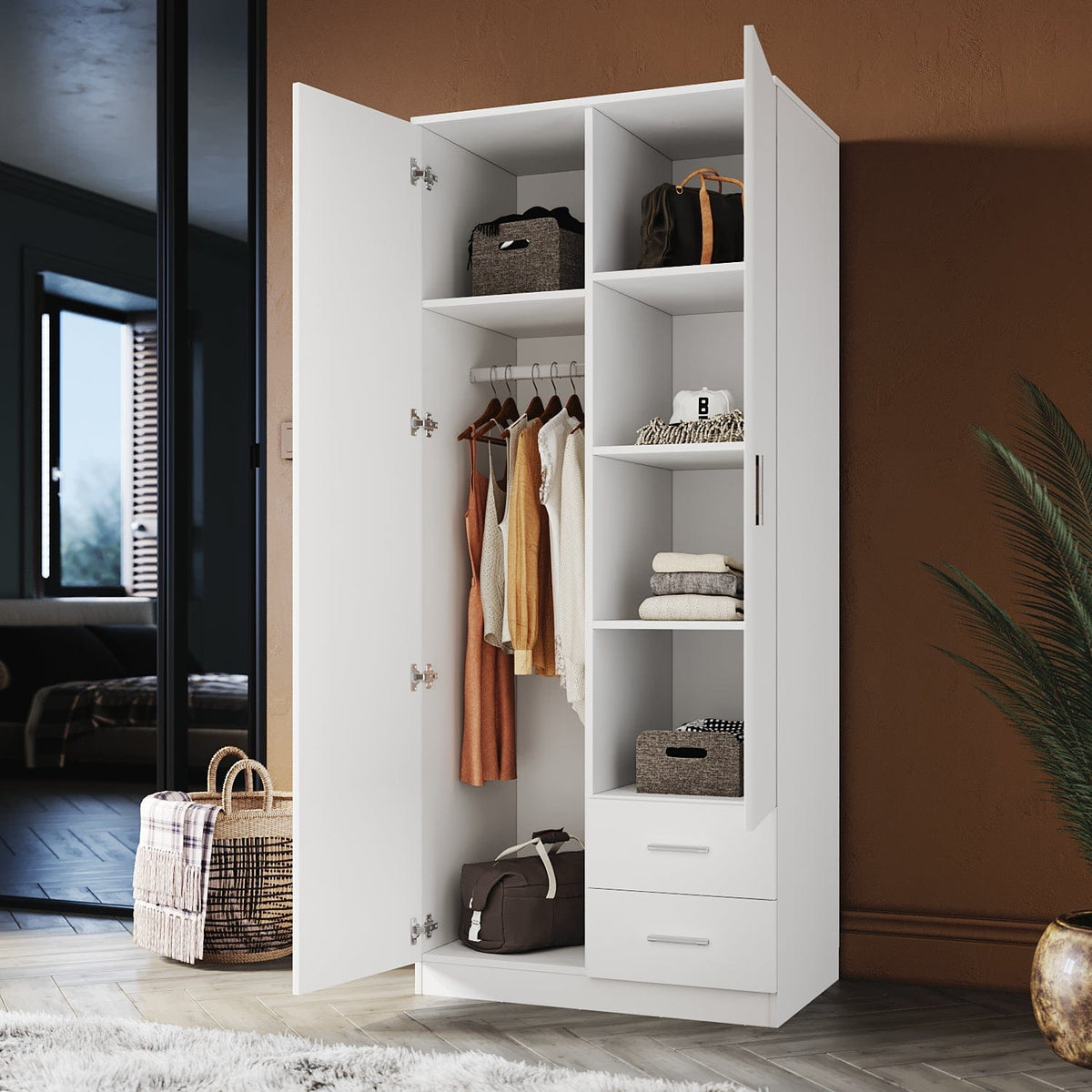 ELEGANT Wardrobe 2 Doors 2 Drawers 180cm White Wooden Storage Cabinets - Elegantshowers