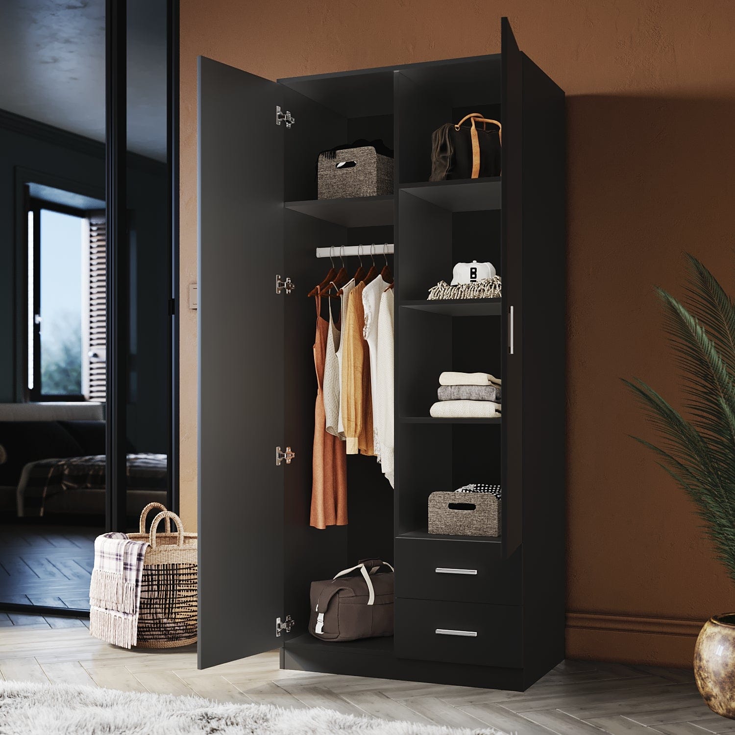 ELEGANT Wardrobe 2 Doors 2 Drawers 180cm White Wooden Storage Cabinets - Elegantshowers