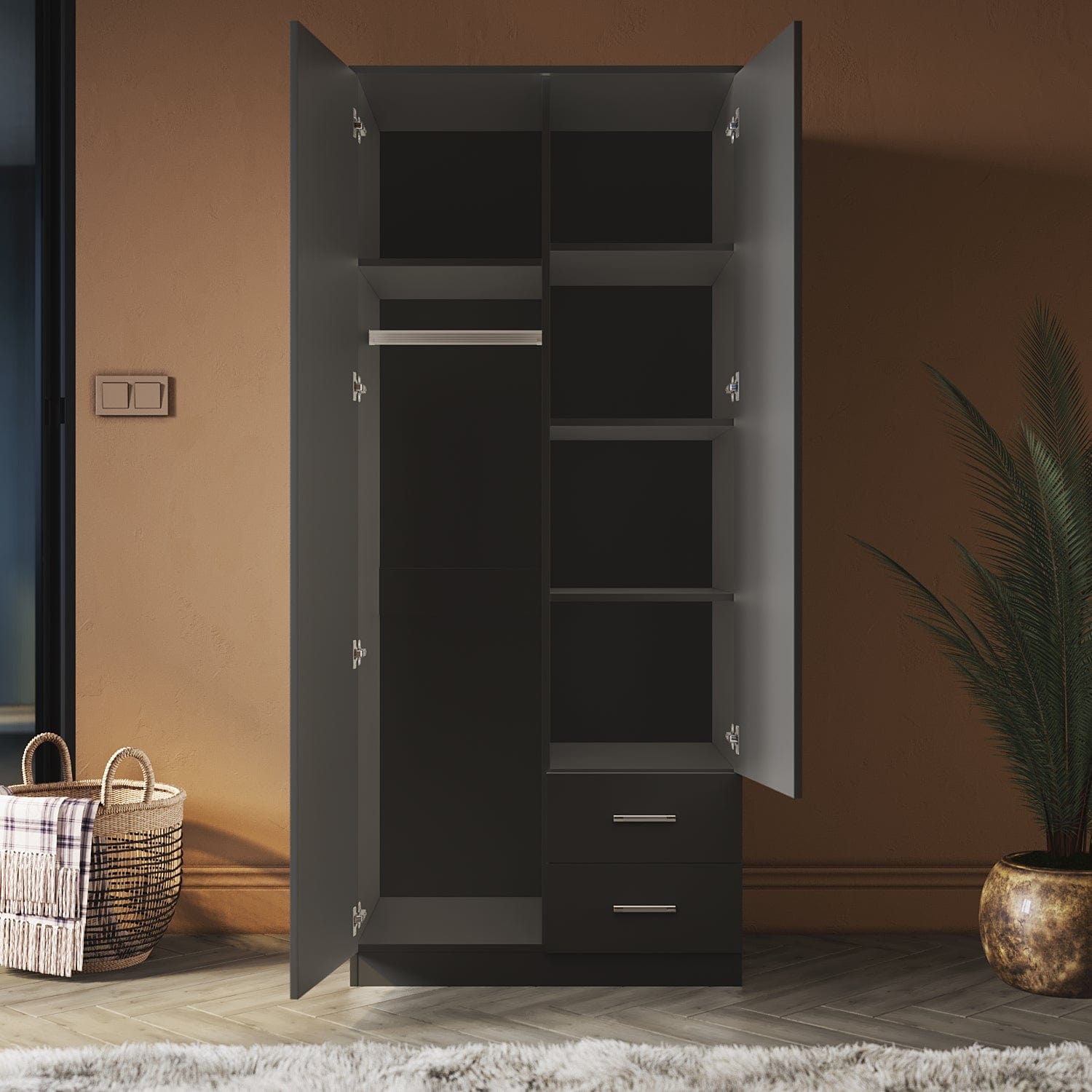 ELEGANT Wardrobe 2 Doors 2 Drawers 180cm White Wooden Storage Cabinets - Elegantshowers