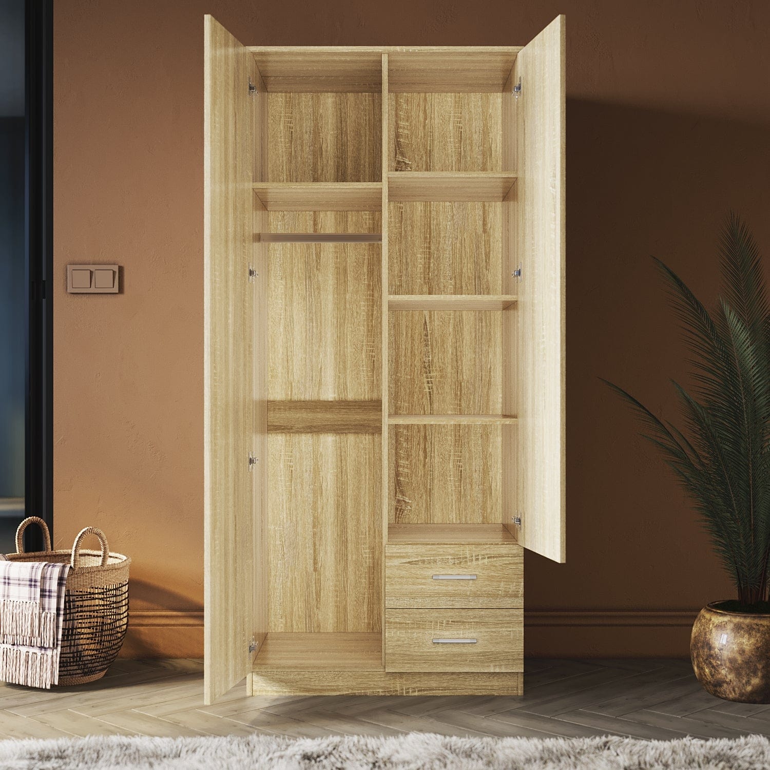 ELEGANT Wardrobe 2 Doors 2 Drawers 180cm White Wooden Storage Cabinets - Elegantshowers