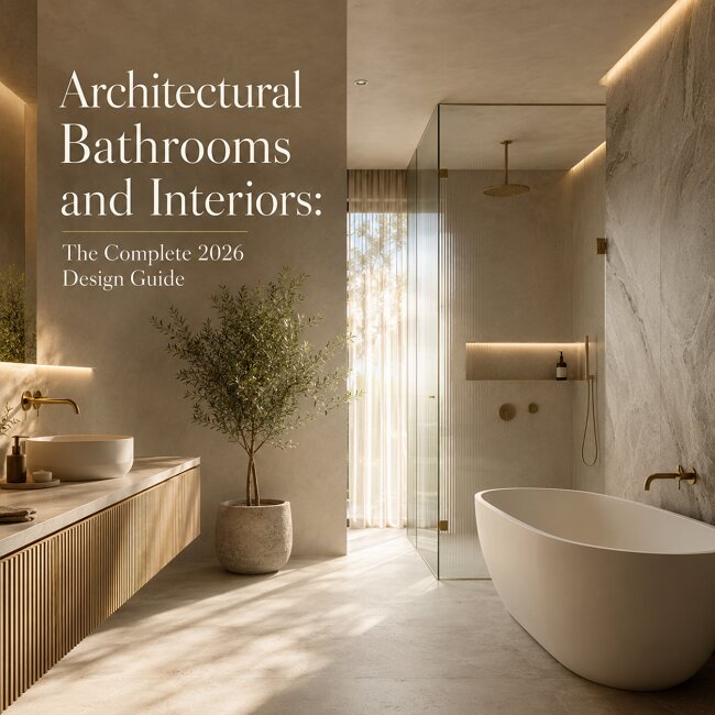 Luxury Australian architectural bathroom with frameless shower screen and freestanding bathtub in warm minimalist wet room design 2026