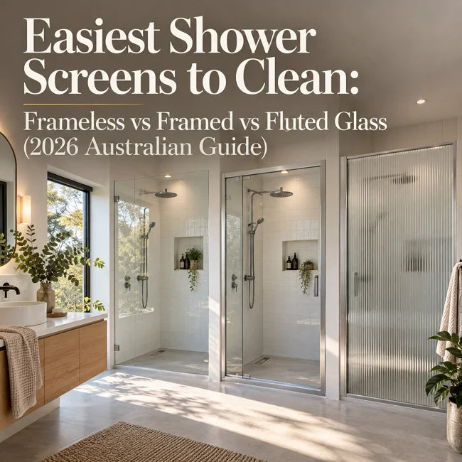 Easiest shower screens to clean comparison: frameless, framed and fluted glass in a modern Australian bathroom