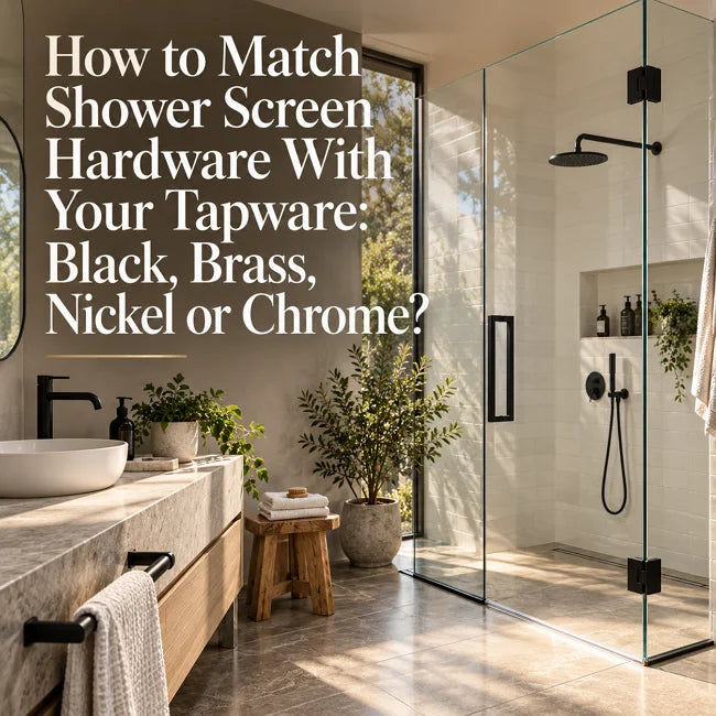 Modern Australian bathroom with matte black shower screen hardware matching matte black tapware