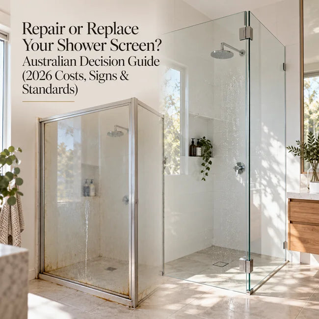 Repair or replace shower screen comparison showing an old leaking framed screen beside a new frameless glass shower screen in an Australian bathroom