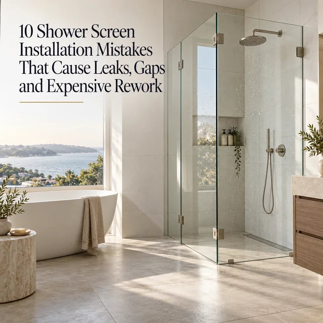 10 shower screen installation mistakes cover image showing a frameless glass shower screen in a modern Australian bathroom