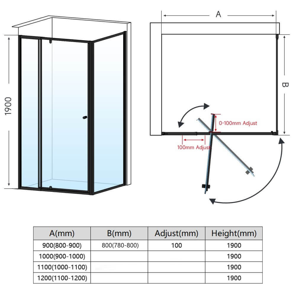Elegant Showers Semi-frameless Pivot Shower Screen Cubicle Adjustable Black - Elegant Showers AU